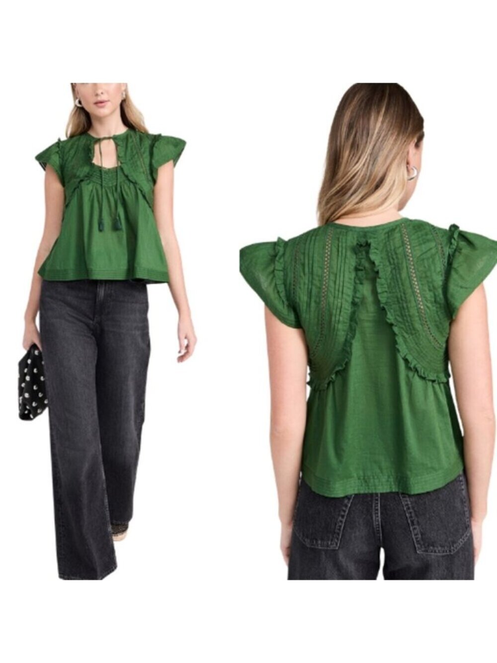 NEW Sea New York Renata PinTuck Details Flutter Sleeves Top Green Size: Small